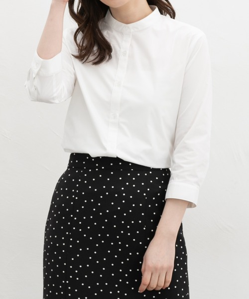 Honeys(ハニーズ)の「【らくらくアイロン】らくらく7分袖マオカラーシャツ(シャツ/ブラウス・レディース・ホワイト/ピンク系その他2/スカイブルー系1/ホワイト系その他2・S/M/L/LL/3L)」の2枚目の写真