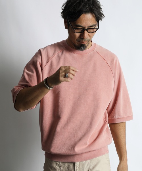 The DUFFER of ST.GEORGE（ザダファーオブセントジョージ）の「PIGMENT DYED POWDER WASH RAGLAN HALF SLEEVE SWEAT：ピグメントダイ ラグランスリーブ 半袖スウェット / 五分袖スウェット / ヴィンテージ加工（スウェット・メンズ・ブラック/ピンク・X-LARGE/LARGE/MEDIUM）」の5枚目の写真