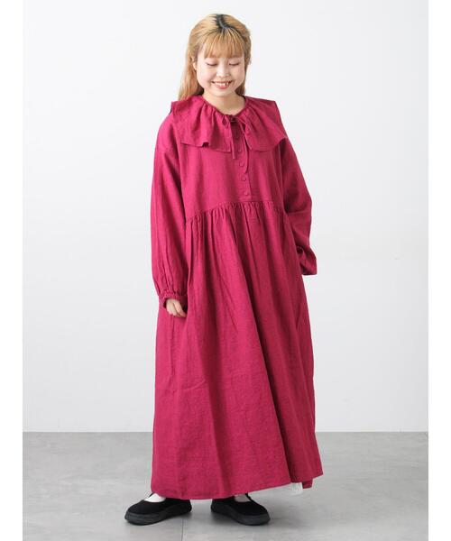 Samansa Mos2（サマンサ モスモス）の「【Cross×Linen】ギャザーワンピース（ワンピース・レディース・モカ/ベージュ/イエロー/レッド/グリーン・M/S）」の5枚目の写真