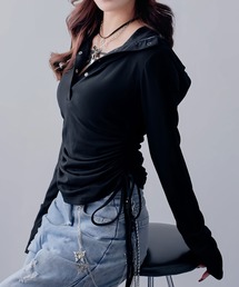 Diable baiser | フードヘンリーネック脇シャーリングデザイン長袖リブカットソー(Tシャツ/カットソー)