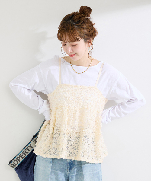 B.C STOCK(ベーセーストック)の「ファニーキャミ付きロンTEE(Tシャツ/カットソー・レディース・ブラック/アイボリー・FREE)」の2枚目の写真