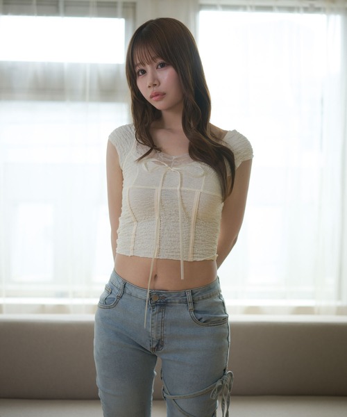 M DOLLY（エムドリー）の「Lace amelie ribbon shirring tops/レースアメリリボンシャーリングトップス（Tシャツ/カットソー・レディース・ブラウン/アイボリー・M/S）」の3枚目の写真