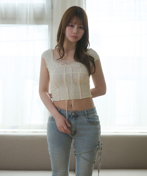 M DOLLY（エムドリー）の「Lace amelie ribbon shirring tops/レースアメリリボンシャーリングトップス（Tシャツ/カットソー・レディース・ブラウン/アイボリー・M/S）」の4枚目の写真