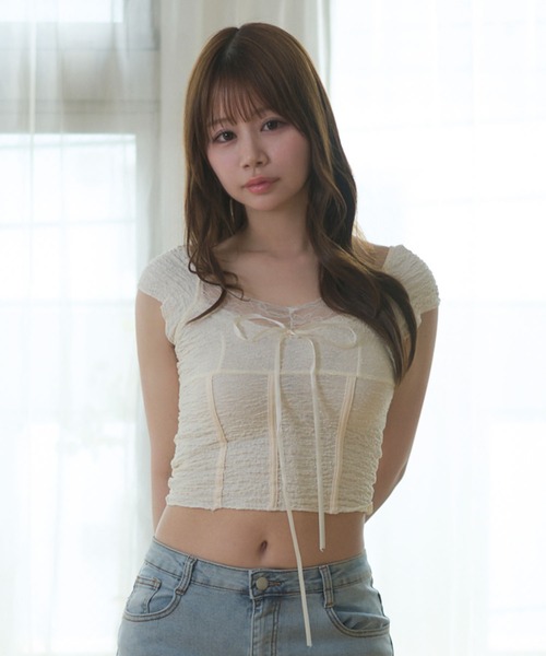 M DOLLY（エムドリー）の「Lace amelie ribbon shirring tops/レースアメリリボンシャーリングトップス（Tシャツ/カットソー・レディース・ブラウン/アイボリー・M/S）」の5枚目の写真