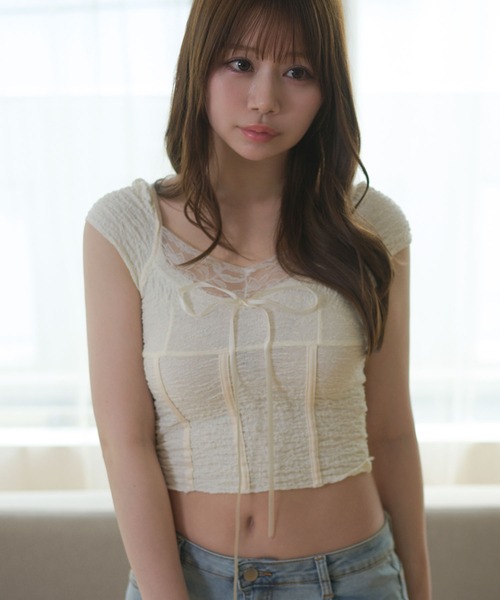 M DOLLY（エムドリー）の「Lace amelie ribbon shirring tops/レースアメリリボンシャーリングトップス（Tシャツ/カットソー・レディース・ブラウン/アイボリー・M/S）」の7枚目の写真