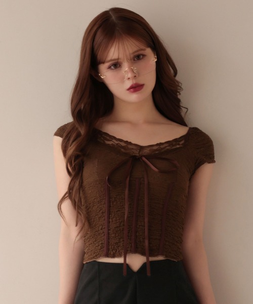 M DOLLY（エムドリー）の「Lace amelie ribbon shirring tops/レースアメリリボンシャーリングトップス（Tシャツ/カットソー・レディース・ブラウン/アイボリー・M/S）」の9枚目の写真