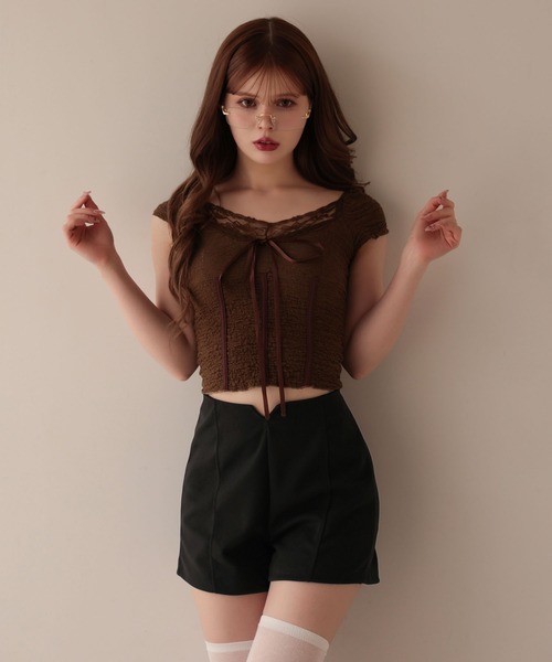 M DOLLY（エムドリー）の「Lace amelie ribbon shirring tops/レースアメリリボンシャーリングトップス（Tシャツ/カットソー・レディース・ブラウン/アイボリー・M/S）」の10枚目の写真