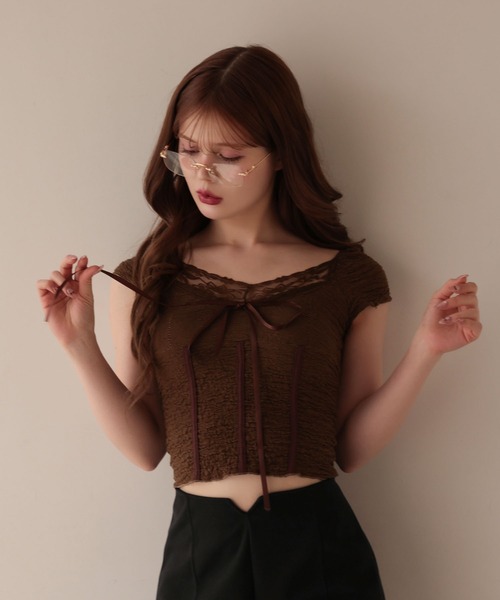M DOLLY（エムドリー）の「Lace amelie ribbon shirring tops/レースアメリリボンシャーリングトップス（Tシャツ/カットソー・レディース・ブラウン/アイボリー・M/S）」の12枚目の写真