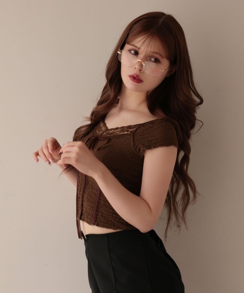 M DOLLY（エムドリー）の「Lace amelie ribbon shirring tops/レースアメリリボンシャーリングトップス（Tシャツ/カットソー・レディース・ブラウン/アイボリー・M/S）」の14枚目の写真