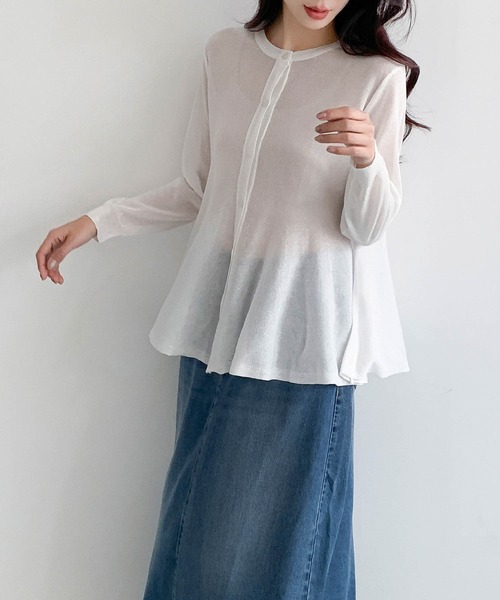 LOWO(ロワ)の「シアーニットフレアヘム長袖カーディガン(前開き/薄手)(カーディガン/ボレロ・レディース・ホワイト/ベージュ/グレー/ブラック・FREE)」の13枚目の写真