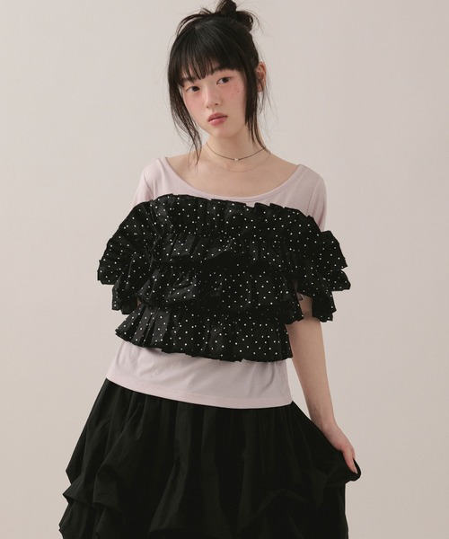 loin nuit(ロワンニュイ)の「frill docking tops / フリルドッキングトップス(Tシャツ/カットソー・レディース・アイボリー/ブラック/ピンク・FREE)」の3枚目の写真