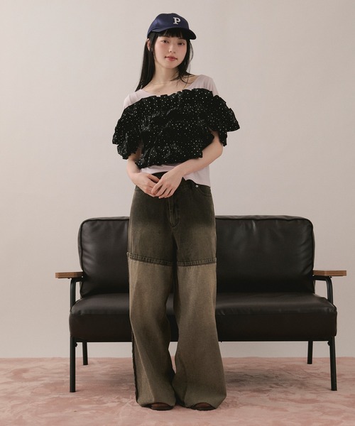 loin nuit(ロワンニュイ)の「frill docking tops / フリルドッキングトップス(Tシャツ/カットソー・レディース・アイボリー/ブラック/ピンク・FREE)」の9枚目の写真