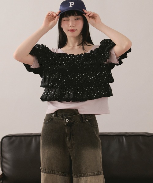 loin nuit(ロワンニュイ)の「frill docking tops / フリルドッキングトップス(Tシャツ/カットソー・レディース・アイボリー/ブラック/ピンク・FREE)」の21枚目の写真
