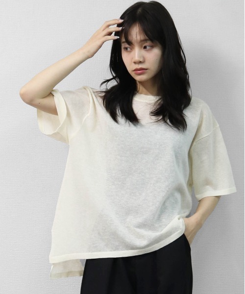 THE CELL.(ザセルドット)の「リネン混 ドライタッチシアー アシメトリールーズニット LINEN-BLEND HIGH-TWIST SHEER ASYMMETRIC LOOSE KNIT(ニット/セーター・レディース・チャコールグレー/オレンジ/ブルー/アイボリー・FREE)」の2枚目の写真
