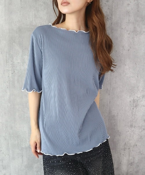 CECIL McBEE(セシルマクビー)の「配色メロークルーネック5分袖トップス(Tシャツ/カットソー・レディース・ブルー/ブラック/ライトベージュ・MEDIUM/LARGE)」の18枚目の写真