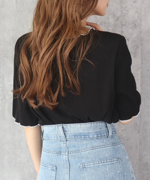 CECIL McBEE(セシルマクビー)の「配色メロークルーネック5分袖トップス(Tシャツ/カットソー・レディース・ブルー/ブラック/ライトベージュ・MEDIUM/LARGE)」の5枚目の写真