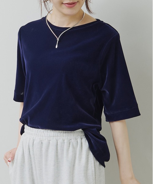PUAL CE CIN(ピュアルセシン)の「シアーベロアハーフスリーブT(Tシャツ/カットソー・レディース・ネイビー/アイボリー/ベージュ・FREE)」の3枚目の写真