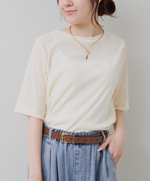 PUAL CE CIN(ピュアルセシン)の「シアーベロアハーフスリーブT(Tシャツ/カットソー・レディース・ネイビー/アイボリー/ベージュ・FREE)」の4枚目の写真
