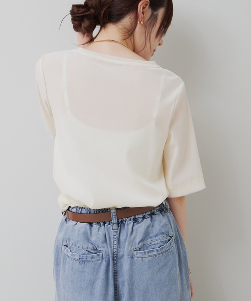 PUAL CE CIN(ピュアルセシン)の「シアーベロアハーフスリーブT(Tシャツ/カットソー・レディース・ネイビー/アイボリー/ベージュ・FREE)」の6枚目の写真