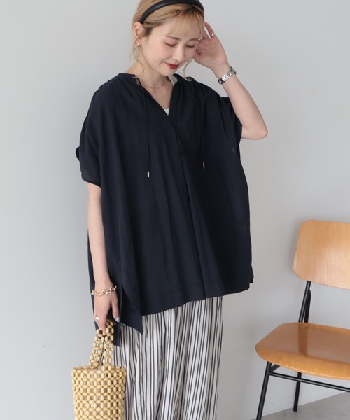 AMERICAN HOLIC(アメリカンホリック)の「【UVカット】フレンチスリーブスキッパーシャツブラウス(シャツ/ブラウス・レディース・アイボリー/ダークネイビー/ブラウン/カーキ・L/M)」の4枚目の写真