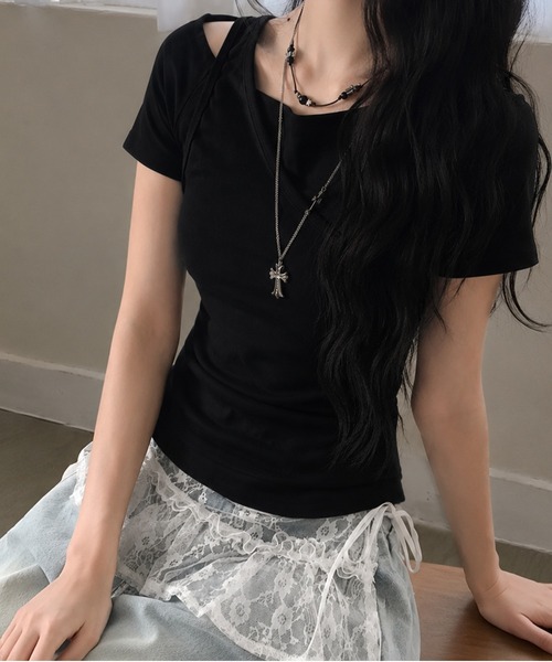 MEMECLE（メメクル）の「【 MEMECLE / メメクル 】Y2Kアシンメトリーレイヤードカットソー（Tシャツ/カットソー・レディース・グレー・FREE）」の5枚目の写真