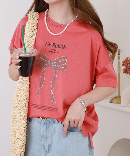 BRODIAEA(ブローディア)の「BRODIAEA リボンプリント半袖Tシャツ(Tシャツ/カットソー・レディース・ネイビー/コーラル/グレイッシュベージュ/オフホワイト・40)」の4枚目の写真