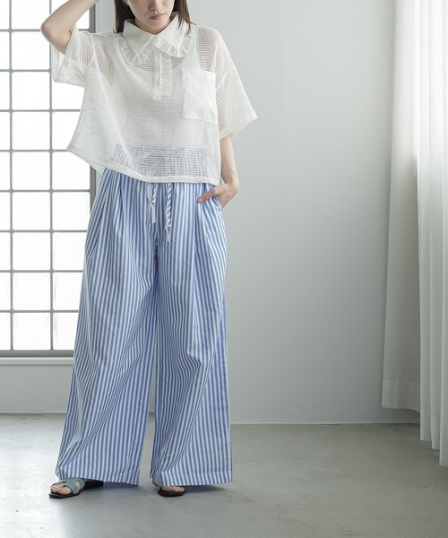 mili an deni(ミリアンデニ)の「ウェストレースストライプワイドパンツ(その他パンツ・レディース・ブルー/ピンク・M)」の7枚目の写真