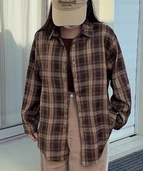 NANEA(ナネア)の「チェック柄レギュラーシャツ(シャツ/ブラウス・レディース・ネイビー/ブラウン・MEDIUM)」の5枚目の写真