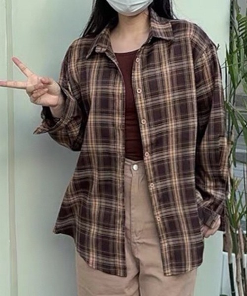 NANEA(ナネア)の「チェック柄レギュラーシャツ(シャツ/ブラウス・レディース・ネイビー/ブラウン・MEDIUM)」の6枚目の写真