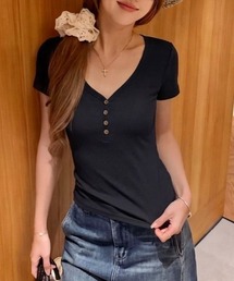 【春夏新作】V開きヘンリーネックコンパクト半袖Tシャツ