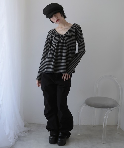 Ulysses（ユリシス）の「ボーダーリボンオフショルカットソー（Tシャツ/カットソー・レディース・ブラック/ホワイト・F）」の15枚目の写真