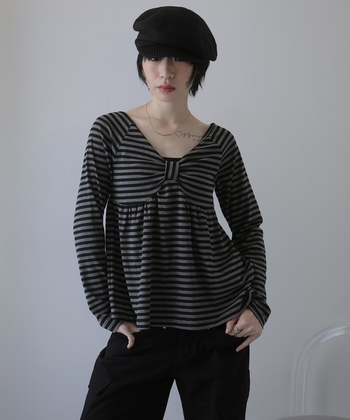 Ulysses（ユリシス）の「ボーダーリボンオフショルカットソー（Tシャツ/カットソー・レディース・ブラック/ホワイト・F）」の6枚目の写真