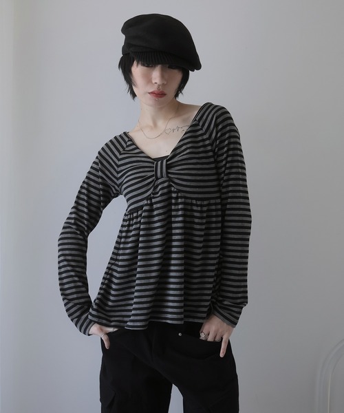 Ulysses（ユリシス）の「ボーダーリボンオフショルカットソー（Tシャツ/カットソー・レディース・ブラック/ホワイト・F）」の7枚目の写真