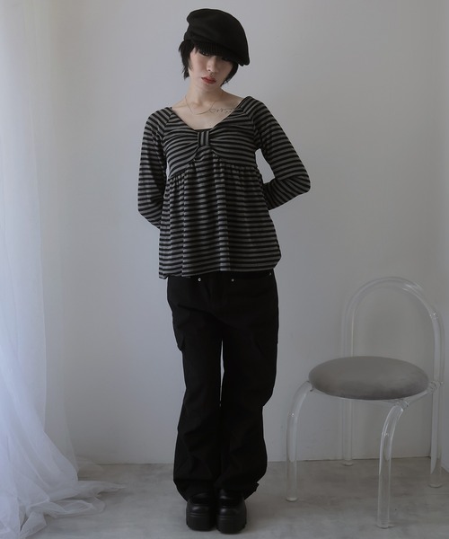 Ulysses（ユリシス）の「ボーダーリボンオフショルカットソー（Tシャツ/カットソー・レディース・ブラック/ホワイト・F）」の16枚目の写真
