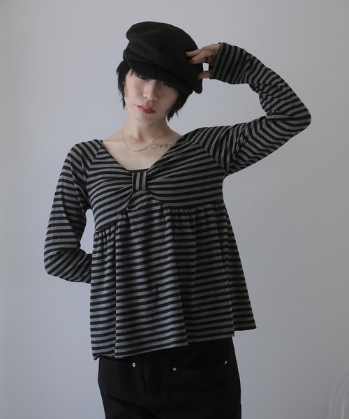 Ulysses（ユリシス）の「ボーダーリボンオフショルカットソー（Tシャツ/カットソー・レディース・ブラック/ホワイト・F）」の8枚目の写真