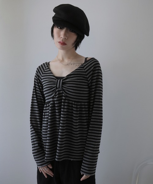 Ulysses（ユリシス）の「ボーダーリボンオフショルカットソー（Tシャツ/カットソー・レディース・ブラック/ホワイト・F）」の11枚目の写真