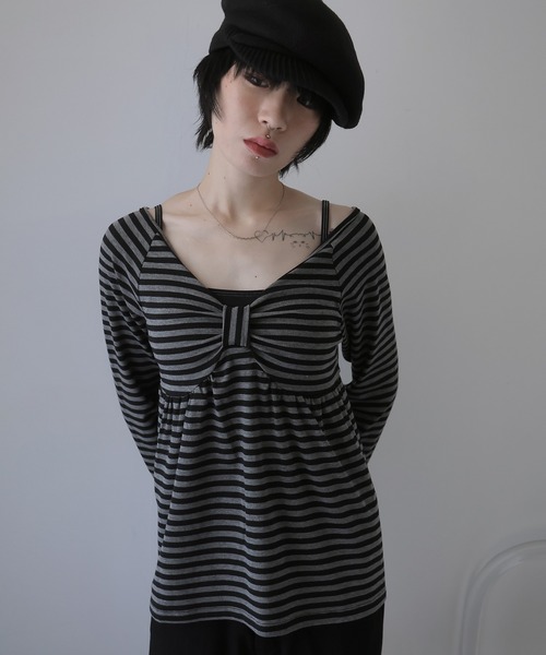 Ulysses（ユリシス）の「ボーダーリボンオフショルカットソー（Tシャツ/カットソー・レディース・ブラック/ホワイト・F）」の12枚目の写真