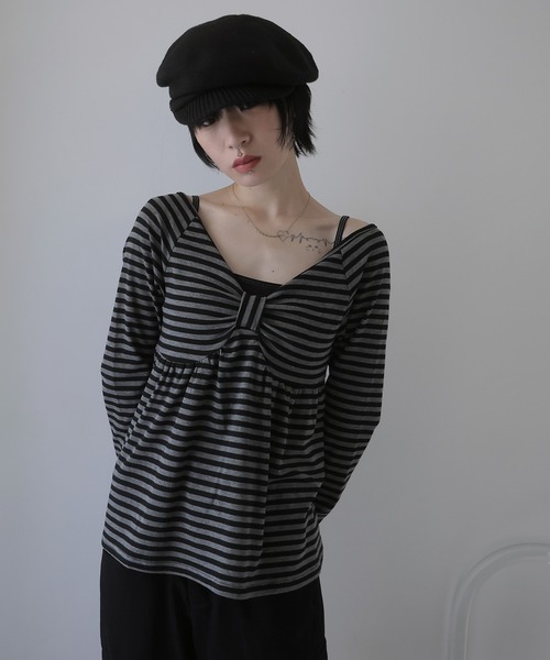 Ulysses（ユリシス）の「ボーダーリボンオフショルカットソー（Tシャツ/カットソー・レディース・ブラック/ホワイト・F）」の13枚目の写真
