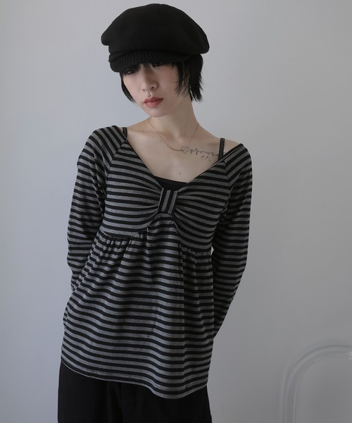Ulysses（ユリシス）の「ボーダーリボンオフショルカットソー（Tシャツ/カットソー・レディース・ブラック/ホワイト・F）」の14枚目の写真