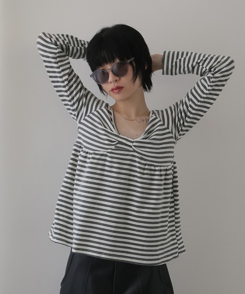 Ulysses（ユリシス）の「ボーダーリボンオフショルカットソー（Tシャツ/カットソー・レディース・ブラック/ホワイト・F）」の18枚目の写真