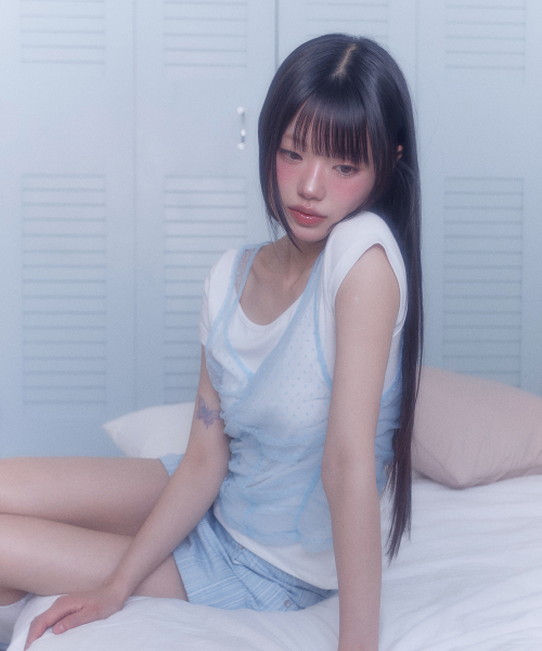LMR（エルエムアール）の「ツーウェイレースシャーリングレイヤード半袖Tシャツ IVORY / SKY BLUE（Tシャツ/カットソー・レディース・スカイブルー・FREE）」の3枚目の写真