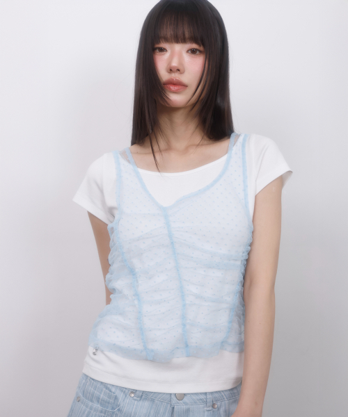 LMR（エルエムアール）の「ツーウェイレースシャーリングレイヤード半袖Tシャツ IVORY / SKY BLUE（Tシャツ/カットソー・レディース・スカイブルー・FREE）」の5枚目の写真