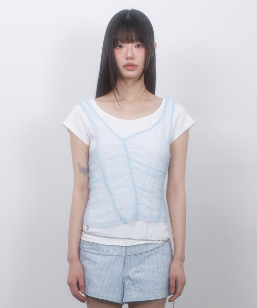 LMR（エルエムアール）の「ツーウェイレースシャーリングレイヤード半袖Tシャツ IVORY / SKY BLUE（Tシャツ/カットソー・レディース・スカイブルー・FREE）」の6枚目の写真