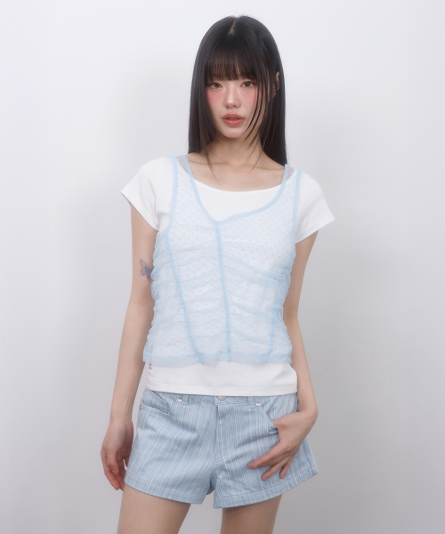 LMR（エルエムアール）の「ツーウェイレースシャーリングレイヤード半袖Tシャツ IVORY / SKY BLUE（Tシャツ/カットソー・レディース・スカイブルー・FREE）」の7枚目の写真