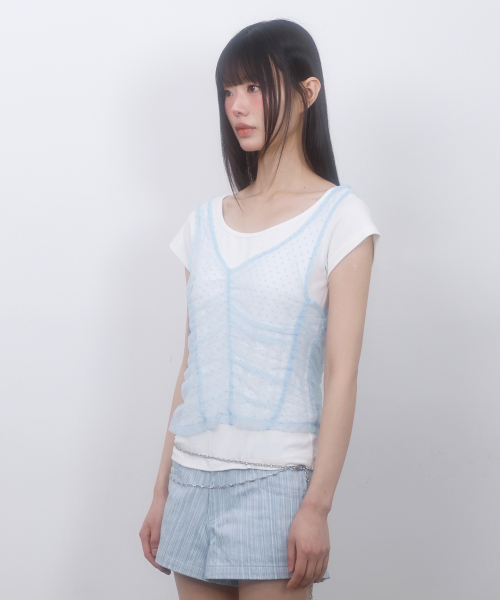 LMR（エルエムアール）の「ツーウェイレースシャーリングレイヤード半袖Tシャツ IVORY / SKY BLUE（Tシャツ/カットソー・レディース・スカイブルー・FREE）」の8枚目の写真