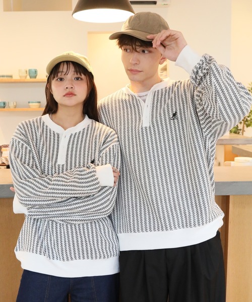 KANGOL(カンゴール)の「【KANGOL/カンゴール】別注 ロゴ刺繍 モールジャガード ニットソー ヘンリーネックカットソー(ニット/セーター・メンズ・ホワイト/ブラック/チャコールグレー・XL/L/M)」の4枚目の写真