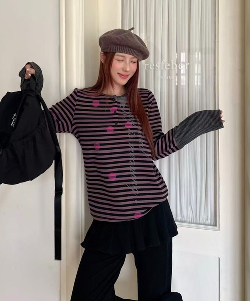 AsRiRe(アスリレイ)の「26aw ドットスタープリントボーダーレイヤード風ヘンリーネックトップス(Tシャツ/カットソー・レディース・パープル/グリーン・M)」の18枚目の写真