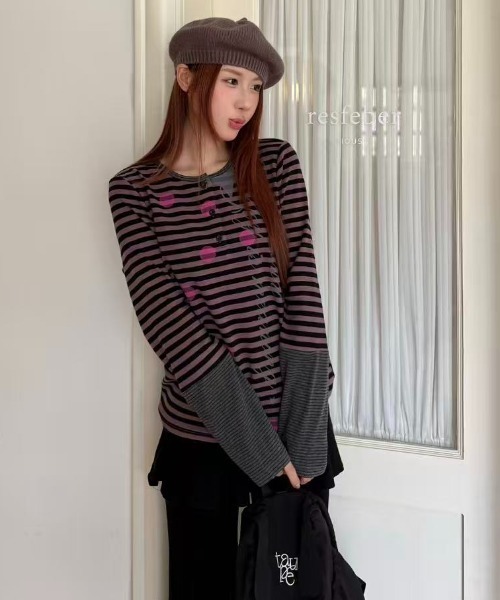 AsRiRe(アスリレイ)の「26aw ドットスタープリントボーダーレイヤード風ヘンリーネックトップス(Tシャツ/カットソー・レディース・パープル/グリーン・M)」の20枚目の写真