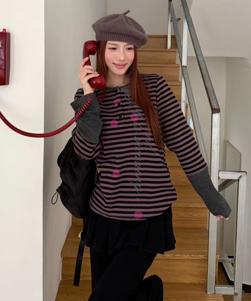 AsRiRe(アスリレイ)の「26aw ドットスタープリントボーダーレイヤード風ヘンリーネックトップス(Tシャツ/カットソー・レディース・パープル/グリーン・M)」の12枚目の写真