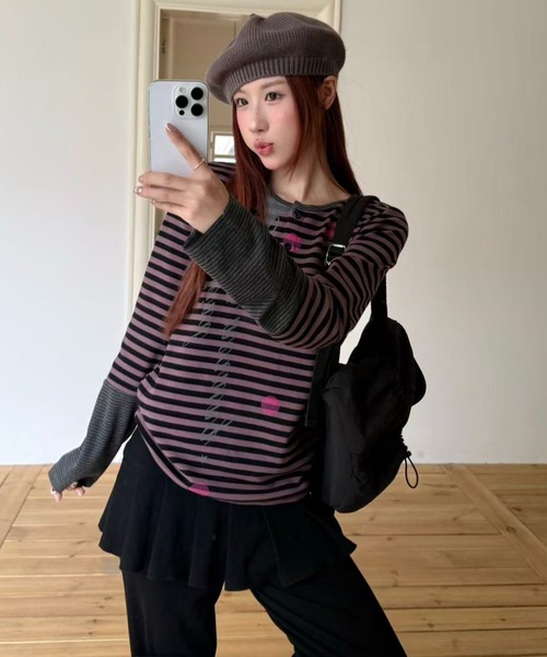 AsRiRe(アスリレイ)の「26aw ドットスタープリントボーダーレイヤード風ヘンリーネックトップス(Tシャツ/カットソー・レディース・パープル/グリーン・M)」の13枚目の写真